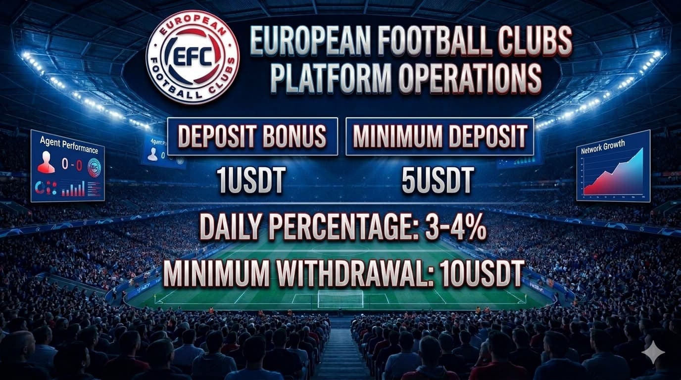 European Football Clubs platform operations showing deposit bonus, minimum deposit, daily percentage, and minimum withdrawal