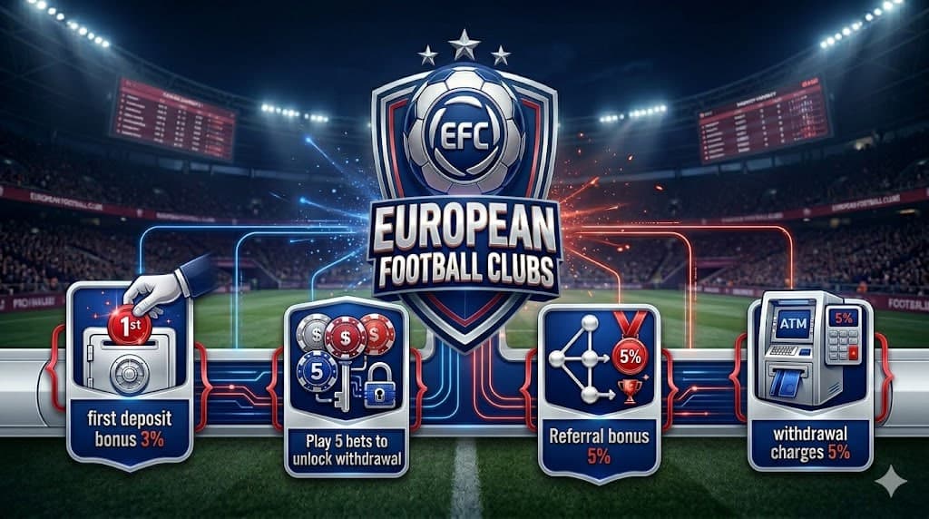 European Football Clubs wallet rewards showing first deposit bonus, bet unlock target, referral bonus, and withdrawal charge